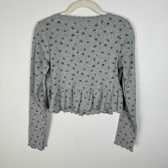 Kirious Babydoll Top Large Gray Floral Waffle Knit Long Sleeve Crop Fairycore - Picture 4 of 12